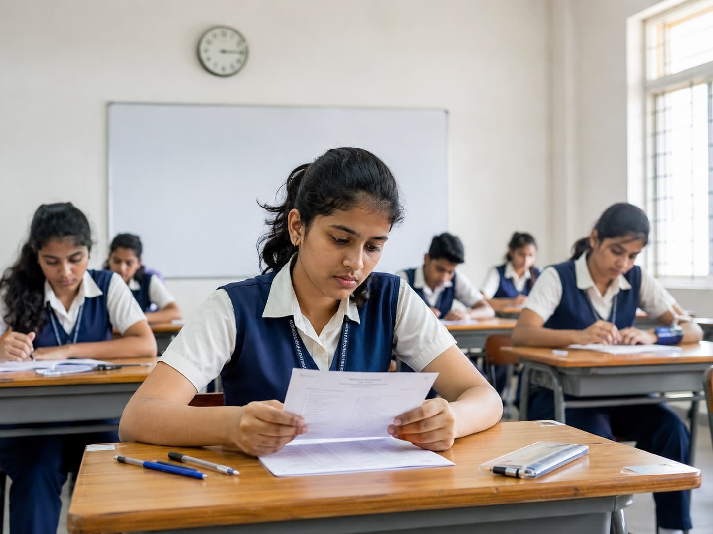 Students preparing for the Kerala Plus One Improvement Exam 2026 in a Higher Secondary classroom