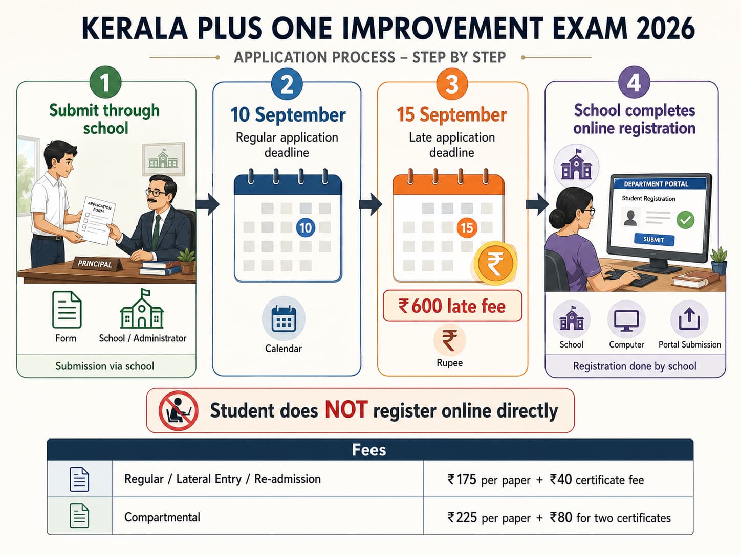 Kerala Plus One Improvement Exam application deadlines, school registration process and exam fees