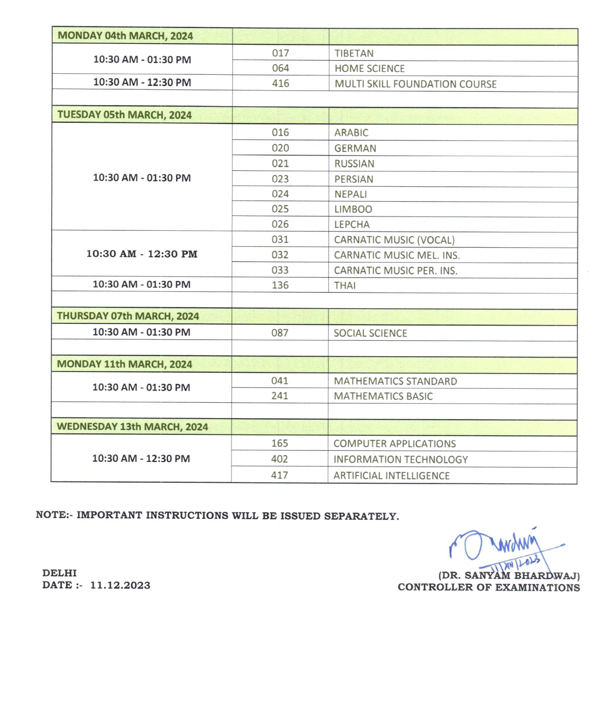 CBSE Class 10 Date Sheet (Time Table) 2024 CBSE 10th Exam Date cbse