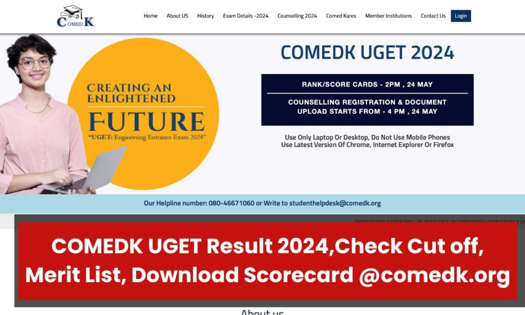 COMEDK UGET Result 2024,Check Cut off, Merit List, Download Scorecard @comedk.org