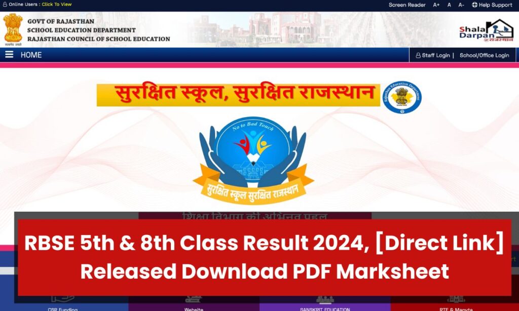 RBSE 5th & 8th Class Result 2024, [Direct Link] Released Download PDF Marksheet @rajshaladarpan.nic.in/
