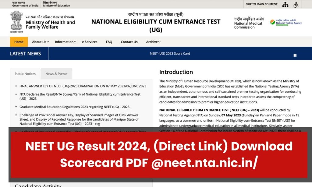 NEET UG Result 2024, (Direct Link) Download Scorecard PDF @neet.nta.nic.in/